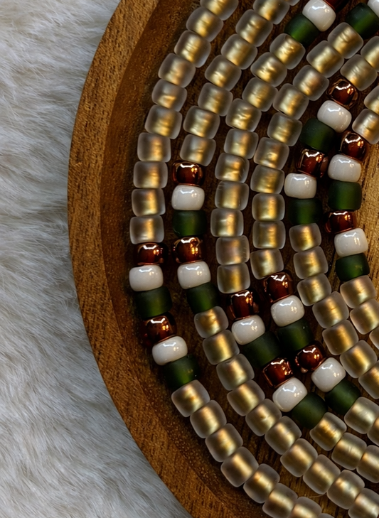 “Warm neutral waist beads with honey and wood inspired tones by Waisted By Design”