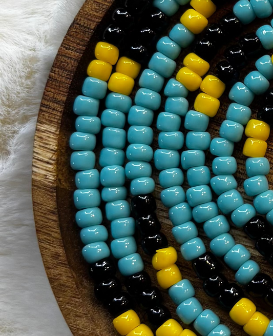 “Bahamas Bae waist bead set with turquoise blue and gold island inspired tones by Waisted By Design”