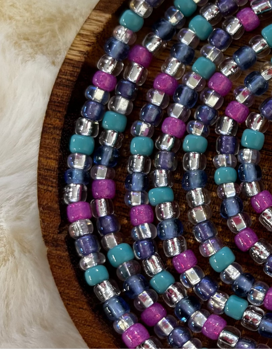 “Day Dreaming waist bead set with soft pastel tones handcrafted by Waisted By Design”